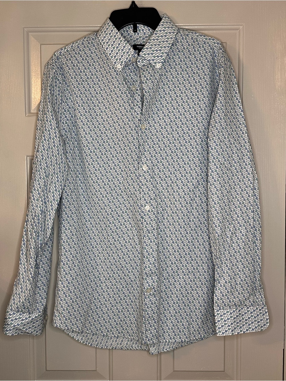 Express Men's Light Blue & White Patterned Button-Down Shirt